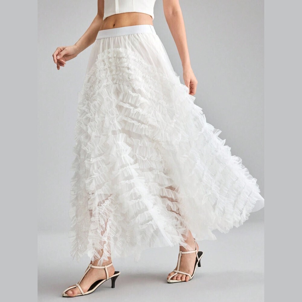White Tiered Ruffle Tulle Maxi Skirt